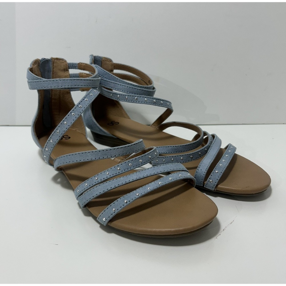 SO Brand Baby Blue Sandals Studded Back Zipper Summer Flat Heel Womens 9
